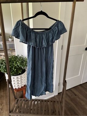 American Eagle Outfitters One-Shoulder Ruffle Dress in Dusty Blue